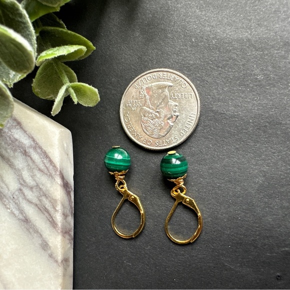 Malachite Earrings Dangle/Drop Green Stone Lever back Crystal Earrings - Picture 5 of 6